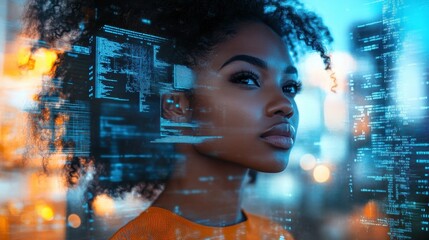 Black woman navigating AI-generated threat landscape in virtual environment