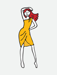 Playful Yellow Dress Minimalist Fashion Illustration, character, woman in yellow dress, anime style, big red bow in hair, simple line art, flat color, dynamic pose