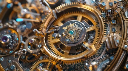 Close-up of intricate, gold-toned gears and mechanisms of a clockwork.