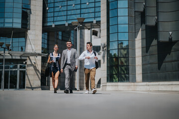 Group of business professionals confidently walking outside a contemporary office building, showcasing teamwork and success in a corporate environment. Ideal for concepts of collaboration and modern