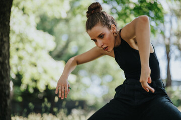 Lovely girl dancing in nature, female dancer performing modern dance with expressive movements in a natural setting.