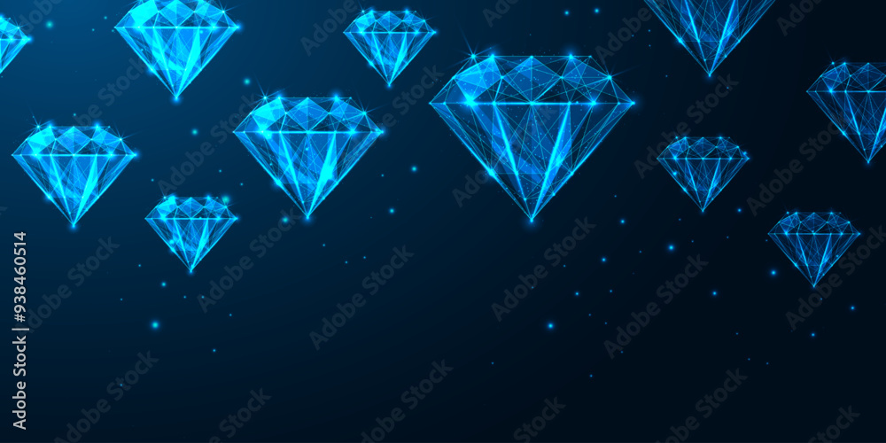 Wall mural abstract banner with dazzling diamonds on dark blue background, highlighting luxury and brilliance.