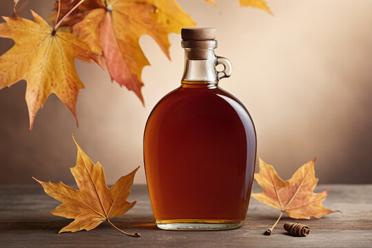 Bouteille de sirop d'&eacute;rable et feuilles d'&eacute;rable dans des tons automne