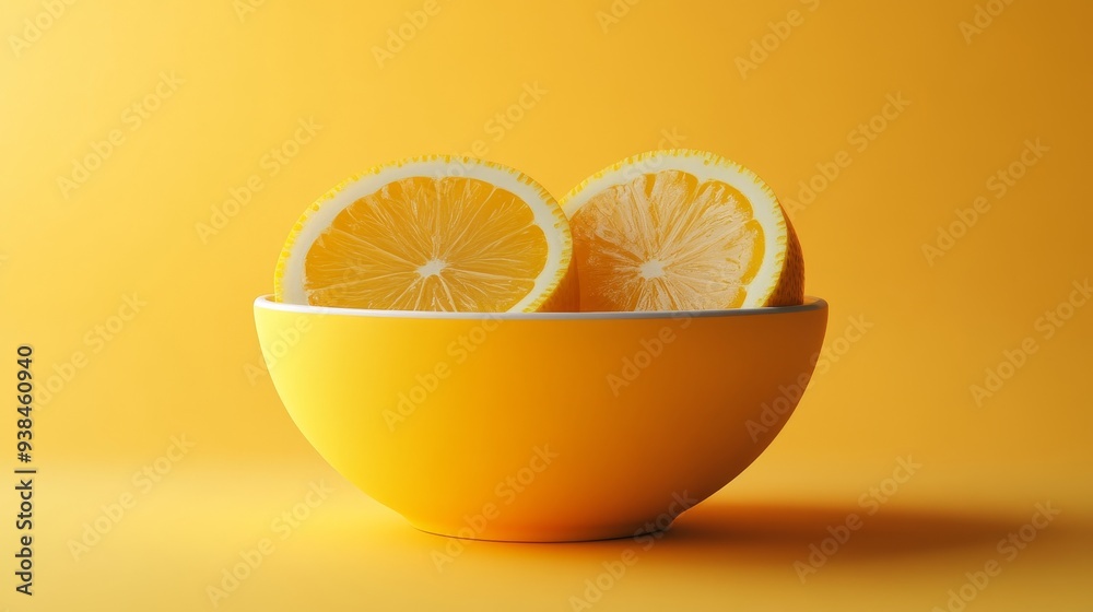 Wall mural a bowl of sliced lemons on a yellow background