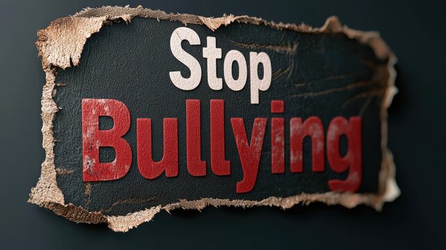 Anti bullying action: text stop bullying, call to end harmful behavior, promote kindness and respect, importance of standing up against intimidation and fostering a safe, supportive environment