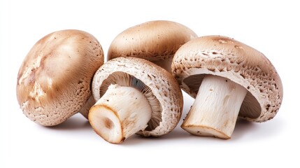 Three whole brown mushrooms isolated on white background.