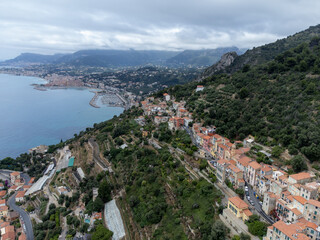 Aerial view on French Riviera, Menton, Monte-Carlo and Monaco and Mediterranean Sea from French-Italian border in Grimaldi village, Ventimiglia, travel destination, panoramic view from above