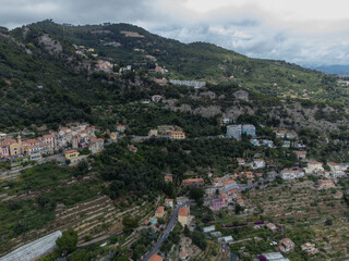 Obraz premium Aerial view on Italian Riviera from French-Italian border in Grimaldi village, Ventimiglia near San-Remo, travel destination, panoramic view from above