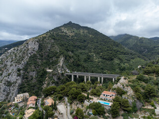 Aerial view on Italian Riviera from French-Italian border in Grimaldi village, Ventimiglia near San-Remo, travel destination, panoramic view from above