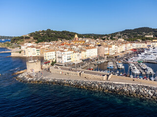 Fototapeta premium Aerial view on boats, yachts and old port of famous Saint-Tropez town on French Riviera, Var, Provence, France, summer vacation destination