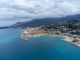 Aerial view on French Riviera, Menton, Monte-Carlo and Monaco and Mediterranean Sea from French-Italian border in Ventimiglia, travel destination, panoramic view from above
