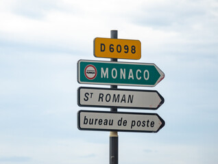 Fototapeta premium Driving car on French Riviera, road signes with directions to Monaco, Nice, traffic in south of France, Provence