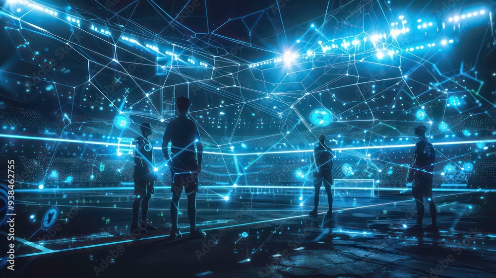 Canvas Prints silhouettes of four people stand in the middle of a digital stadium with glowing lines of light and 