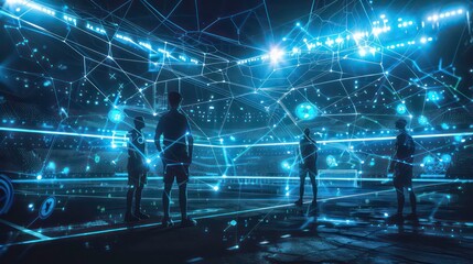 Silhouettes of four people stand in the middle of a digital stadium with glowing lines of light and geometric shapes creating a futuristic and modern feel.