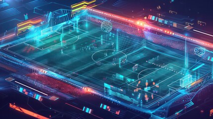 Futuristic digital rendering of a soccer field with glowing lines, data, and abstract graphics.