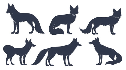 silhouette of fox in various poses isolated on transparent background