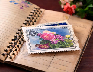 Old postage stamps with flowers on a notebook wooden background. Vintage style.