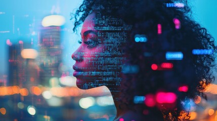 Female specialist surrounded by floating code in cyber defense illustration
