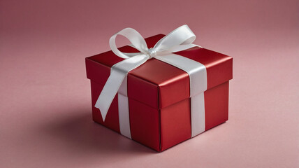 Fototapeta premium a red gift box with white ribbon, on a pink background