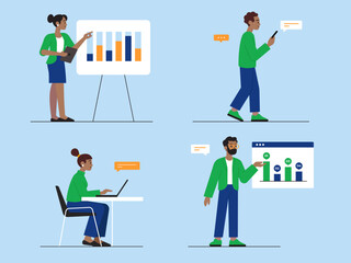 Business Team in Action with Charts, Laptops, and Communication Icons
