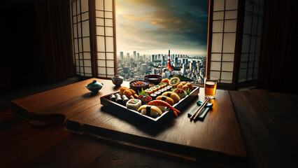 Indulge in authentic Japanese sushi with a gourmet selection set against the stunning Tokyo skyline, featuring the iconic Tokyo Tower. A true celebration of Japanese culinary art and urban elegance 