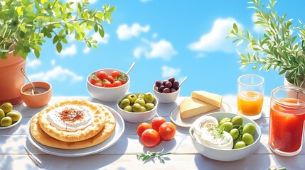 Turkish Breakfast Feast - Watercolor Illustration of Traditional Morning Spread with Simit, Olives, Cheeses, and Fresh Vegetables on Decorated Table, Authentic International Recipes Concept
