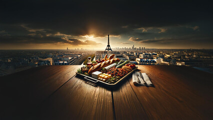 Indulge in a gourmet French spread featuring baguettes, cheese, and macarons, set against the stunning backdrop of the Eiffel Tower at sunset. A true celebration of Parisian elegance and French cuisin