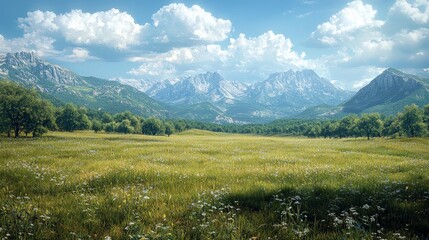 Obraz premium A vibrant green meadow with wildflowers, bordered by trees, under a blue sky with white fluffy clouds, and mountains in the background.