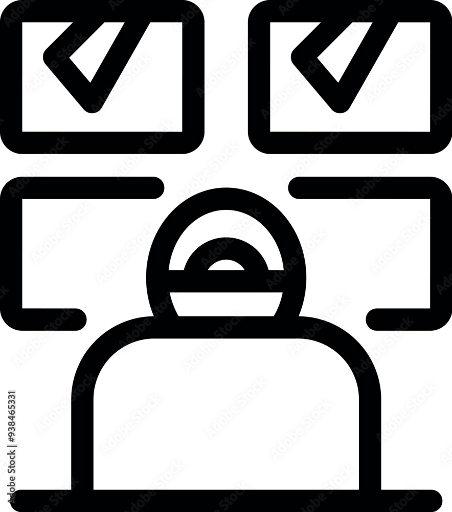 Poster simple icon of an operator monitoring multiple screens, each displaying a check mark, indicating suc