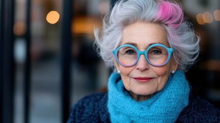 An elderly woman with elegantly styled white hair, pink streaks, and large blue glasses, dressed warmly in a blue scarf and dark coat, posing outdoors.