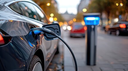 Naklejka premium A close-up shot of an electric car plugged into a public charging station on a city street, emphasizing modern eco-friendly transportation and urban sustainability at dusk.