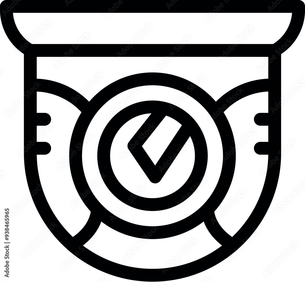 Poster bold line icon of a security camera with a check mark, indicating that it is switched on and recordi
