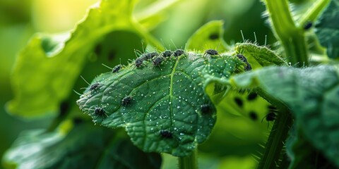 Infestation of aphids on cucumber plants in a garden Close view of dark aphids on cucumber foliage Pests damaging green plants in a greenhouse