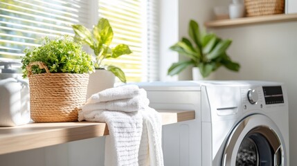 A bright laundry room featuring a modern washing machine, clean white towels, and various green plants. The space is filled with natural light, enhancing its fresh and organized look.