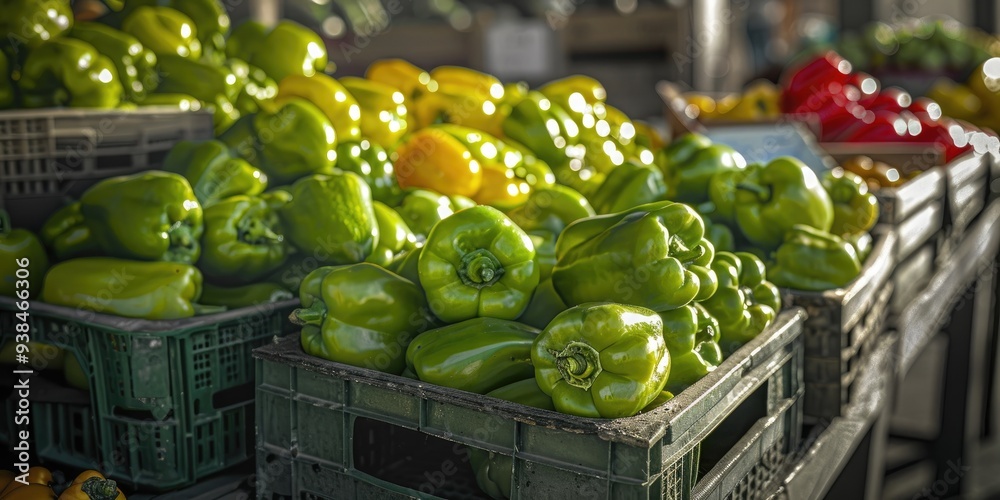 Sticker Vibrant green bell peppers available for purchase at the marketplace.