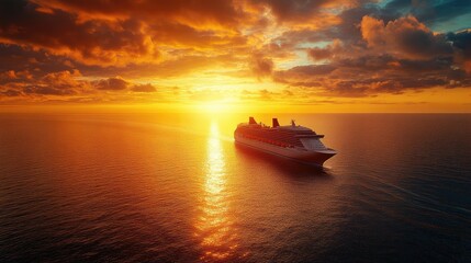 Naklejka premium Sunset over a cruise ship with warm colors reflecting on the ocean, creating a serene, picturesque scene perfect for travel promotions