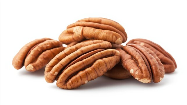 A group of four whole pecan nuts, isolated on a white background.