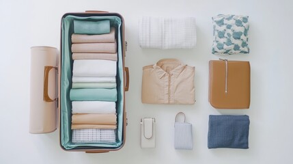 Minimalistic packing scene with a suitcase and neatly folded clothes ready to be packed, set against a white background, perfect for travel tips