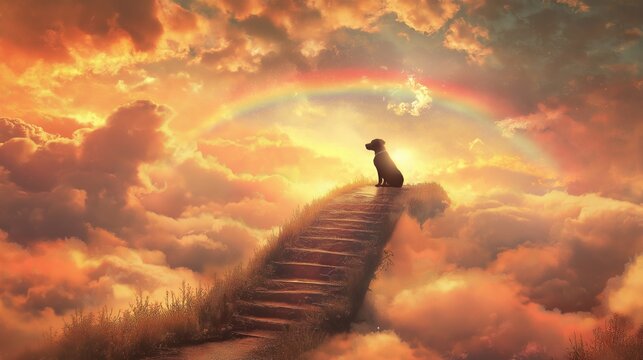 A pastel-colored rainbow bridge arches over soft clouds with a dog waiting lovingly at the end on Rainbow Bridge Remembrance Day