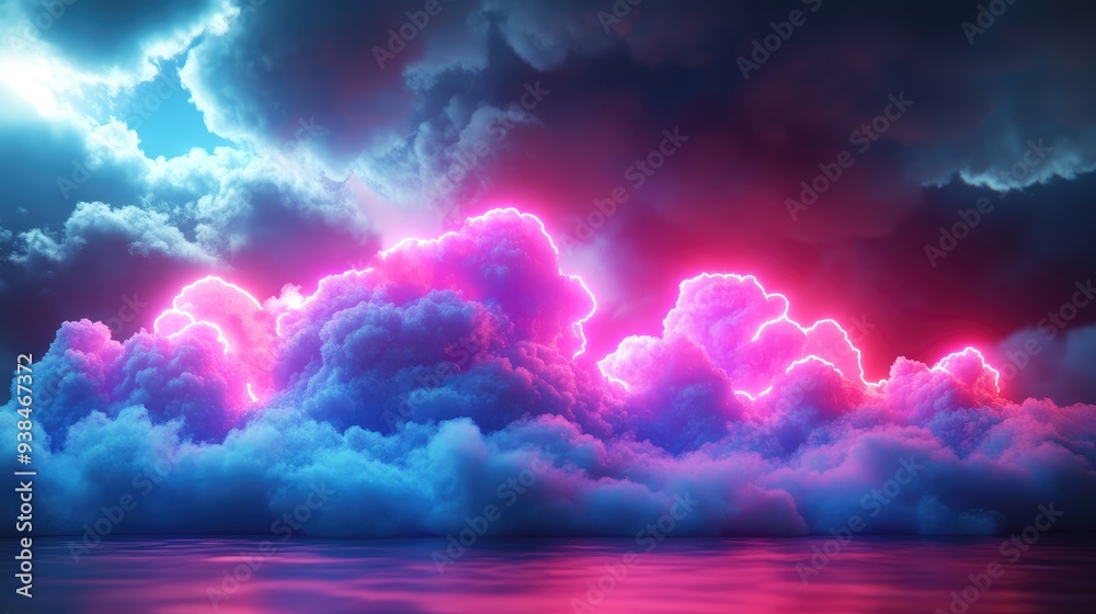 Fototapete d render, neon linear number three and colorful cloud glowing with pink blue neon light, abstract fa