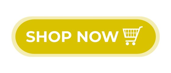 Shop Now. Buy now button with shopping cart. Modern button for web site. Online shopping. Yellow button isolated  on white background. 