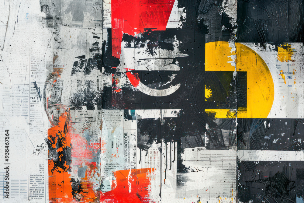 Fototapete abstract art print featuring bold typography and graphic elements on textured newspaper paper textur