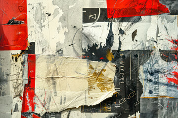 Fototapeta premium Abstract art print featuring bold typography and graphic elements on textured newspaper paper texture.