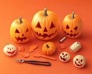 Carved pumpkins and Halloween decorations arranged on orange background, ready for festive celebration.