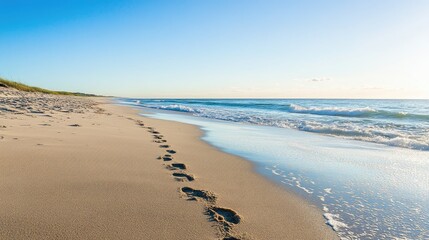 Sandy beach with footprints leading towards the ocean, waves gently rolling in, and a horizon meeting the clear sky, providing a calm, open space