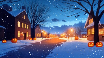 Fototapeta premium Spooky Christmas Village Watercolor Illustration with Jack-o'-lanterns and Snowfall, Perfect for Holiday Cards and Prints with Copy Space for Text