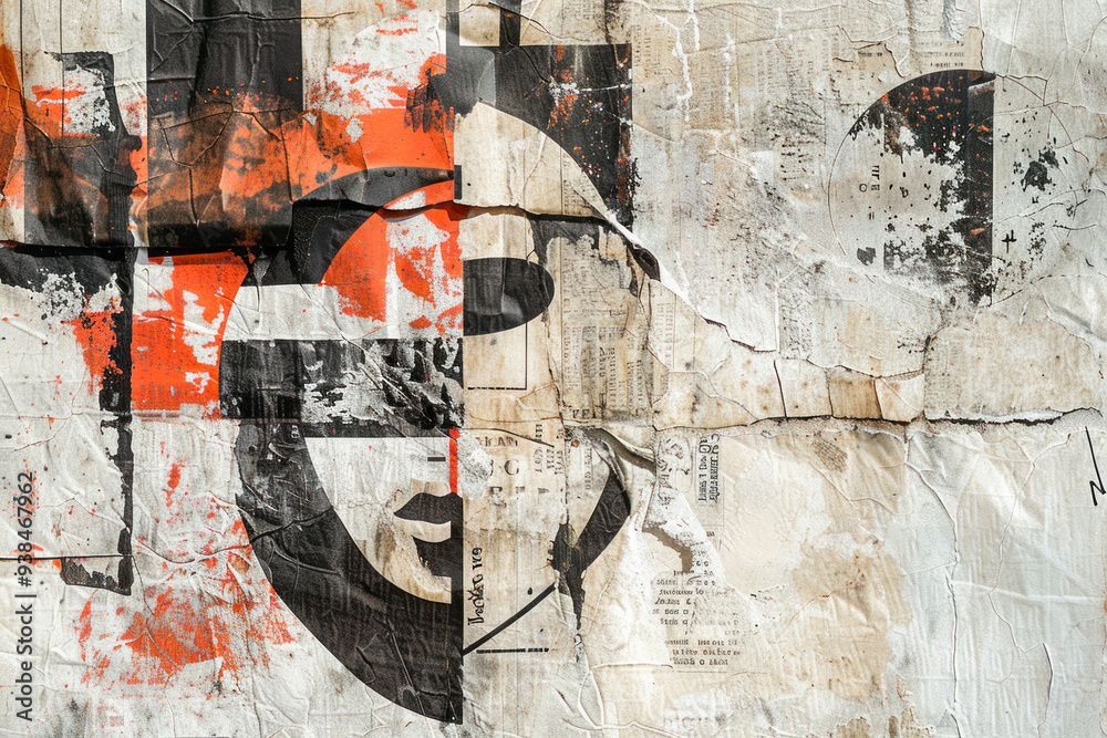 Fototapete abstract art print featuring bold typography and graphic elements on textured newspaper paper textur
