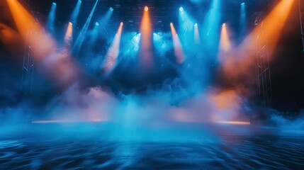 Empty stage with spotlights and fog.