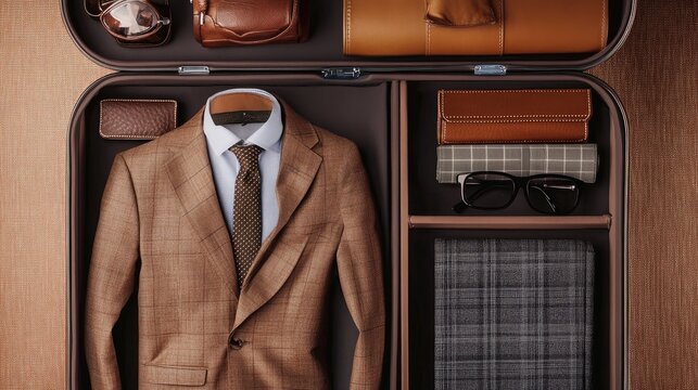 Open suitcase with business attire and accessories, neatly arranged for a work trip, set against a clean, professional background