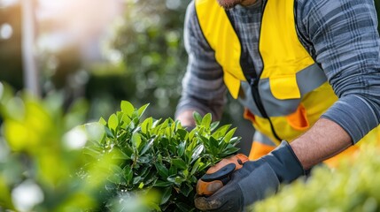 Obraz premium This image captures a gardener wearing a high-visibility vest and gloves, trimming green bushes with a pair of shears, demonstrating precision and care in maintaining beautiful landscapes.